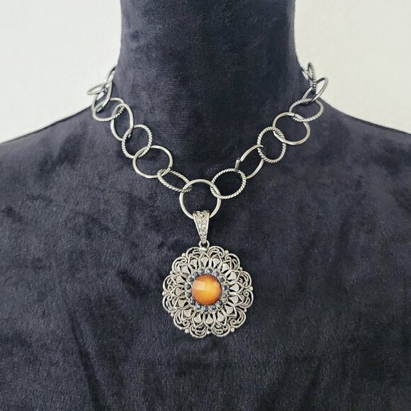 Vintage 90s Bronze SIlver Chain Necklace Orange Victorian-Style Costume Jewelry - Picture 1 of 6